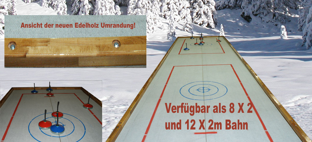 Premium Eisstockbahn mieten -Curlingbahn leihen 12 X 2 m in der Premium ( Edelholz ) Edition. Eisstock Bahn mieten